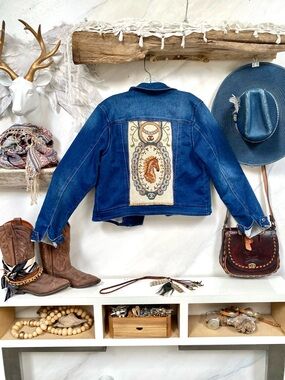 Upcycled HORSE Denim moto Jacket tapestry Back detailing equestrian western vibe